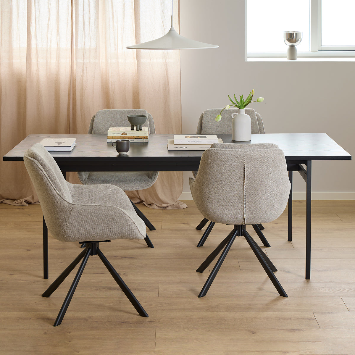 Angus Dining Table in Black 200x74cm Included 4 Carrie Swivel Dining Chairs in Sand