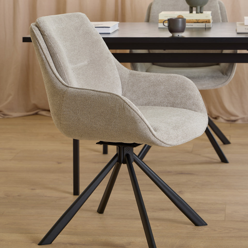 Angus Dining Table in Black 200x74cm Included 4 Carrie Swivel Dining Chairs in Sand