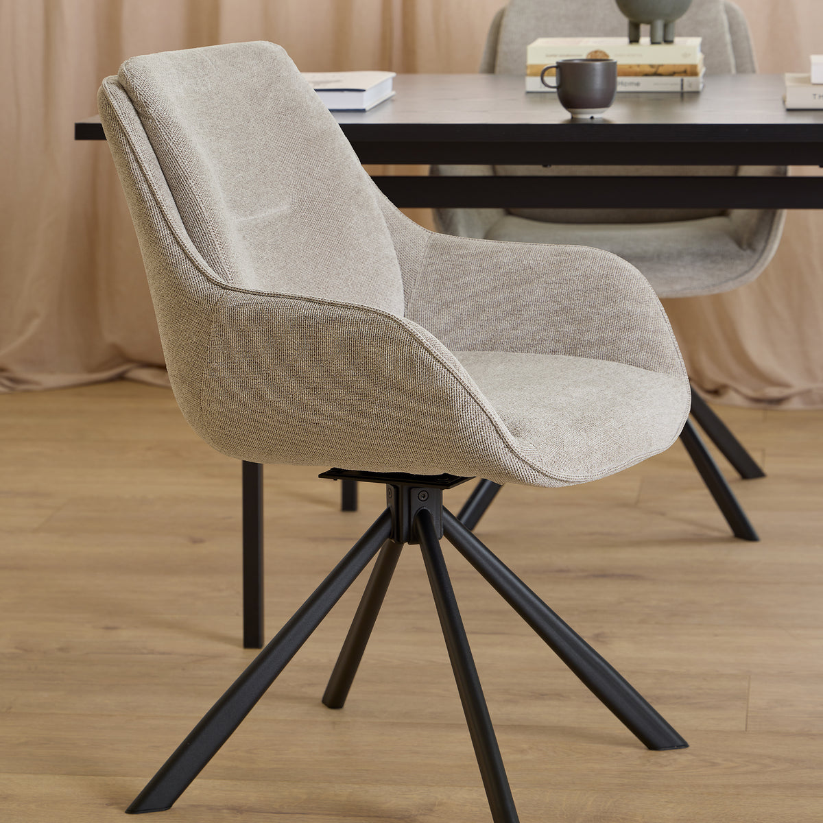 Angus Dining Table in Black 200x74cm Included 4 Carrie Swivel Dining Chairs in Sand