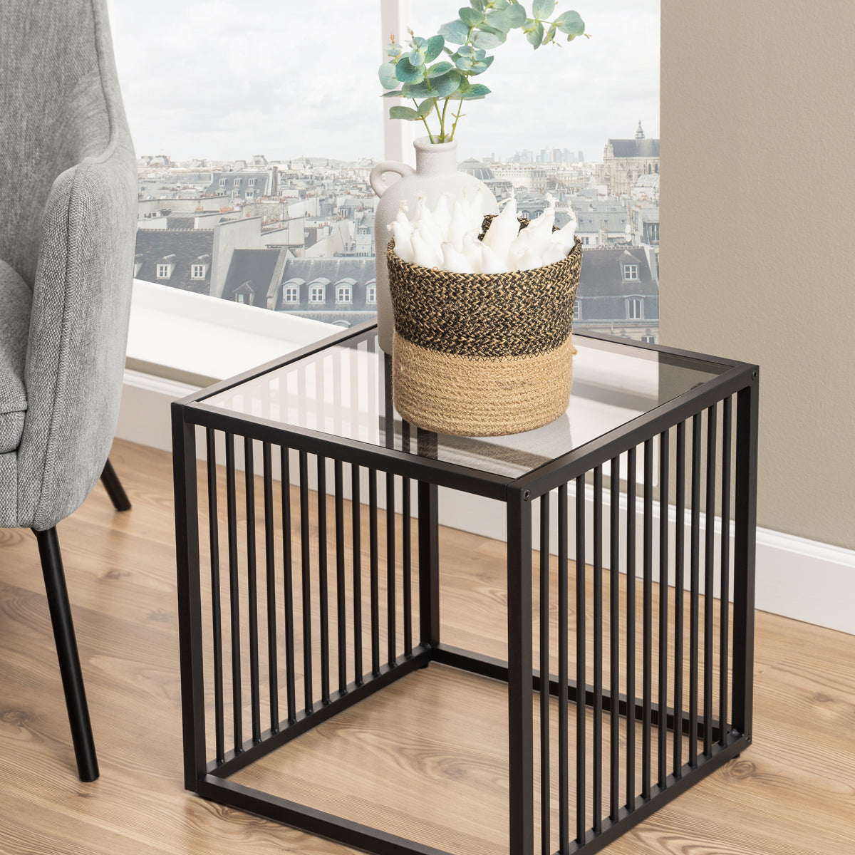 Sylvester Side Table in Black with Glass Top