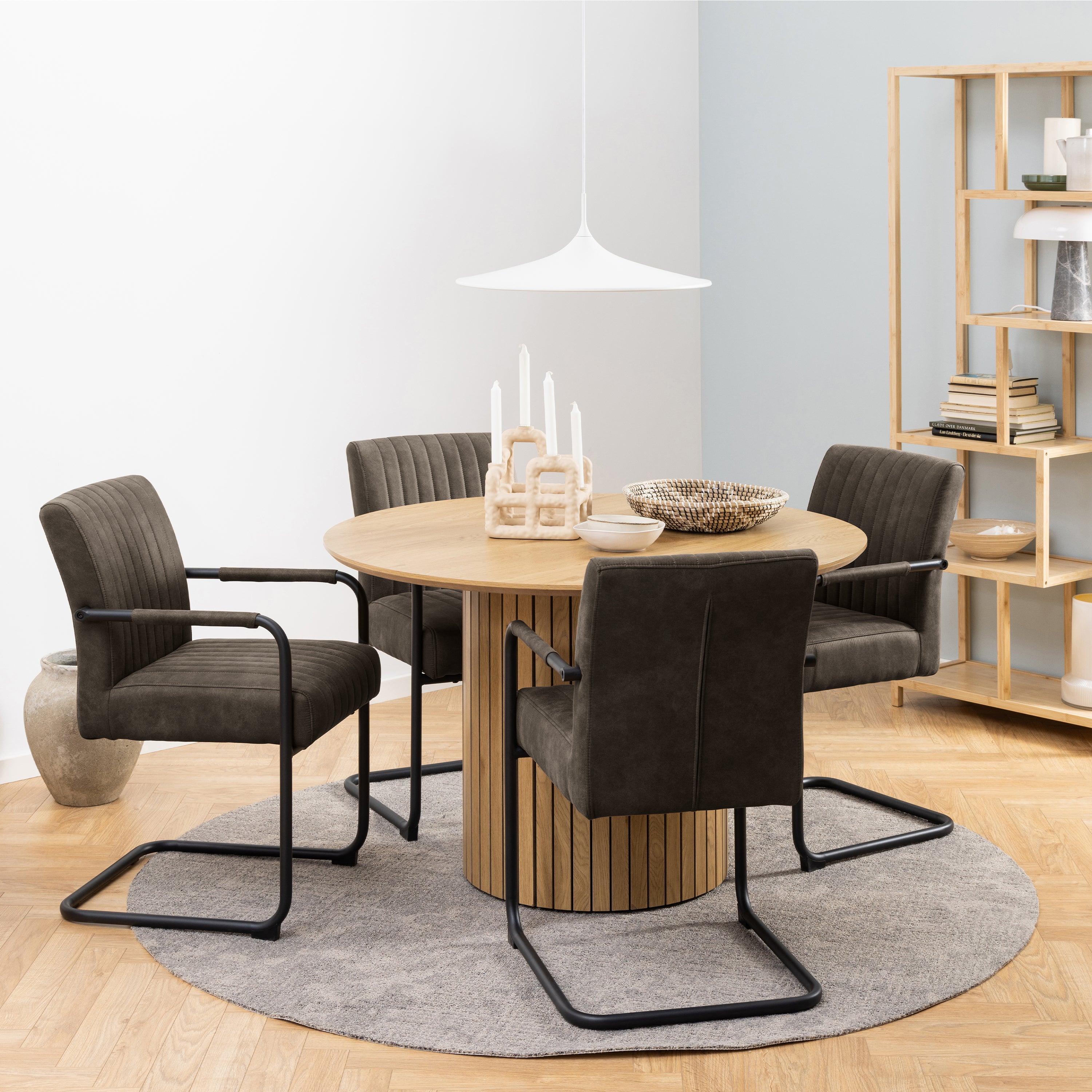 Valley Dining Table in Oak 120cm with 4 Adele Dining Chairs in Grey Fabric