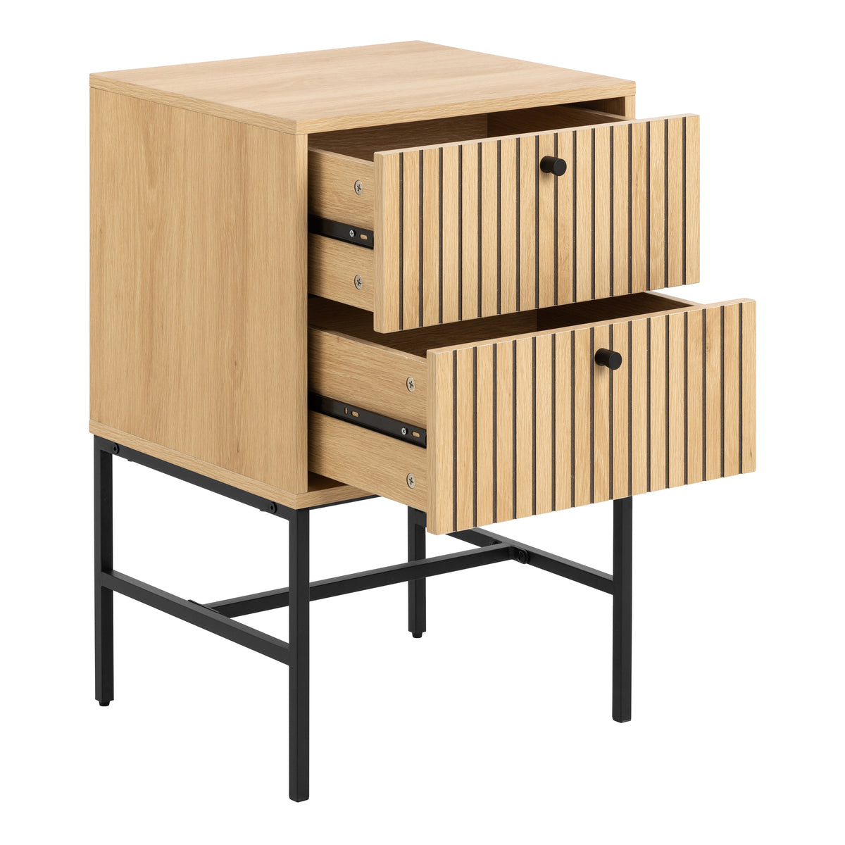 Alberto 2 Drawer Bedside Table in Oak/Black Legs