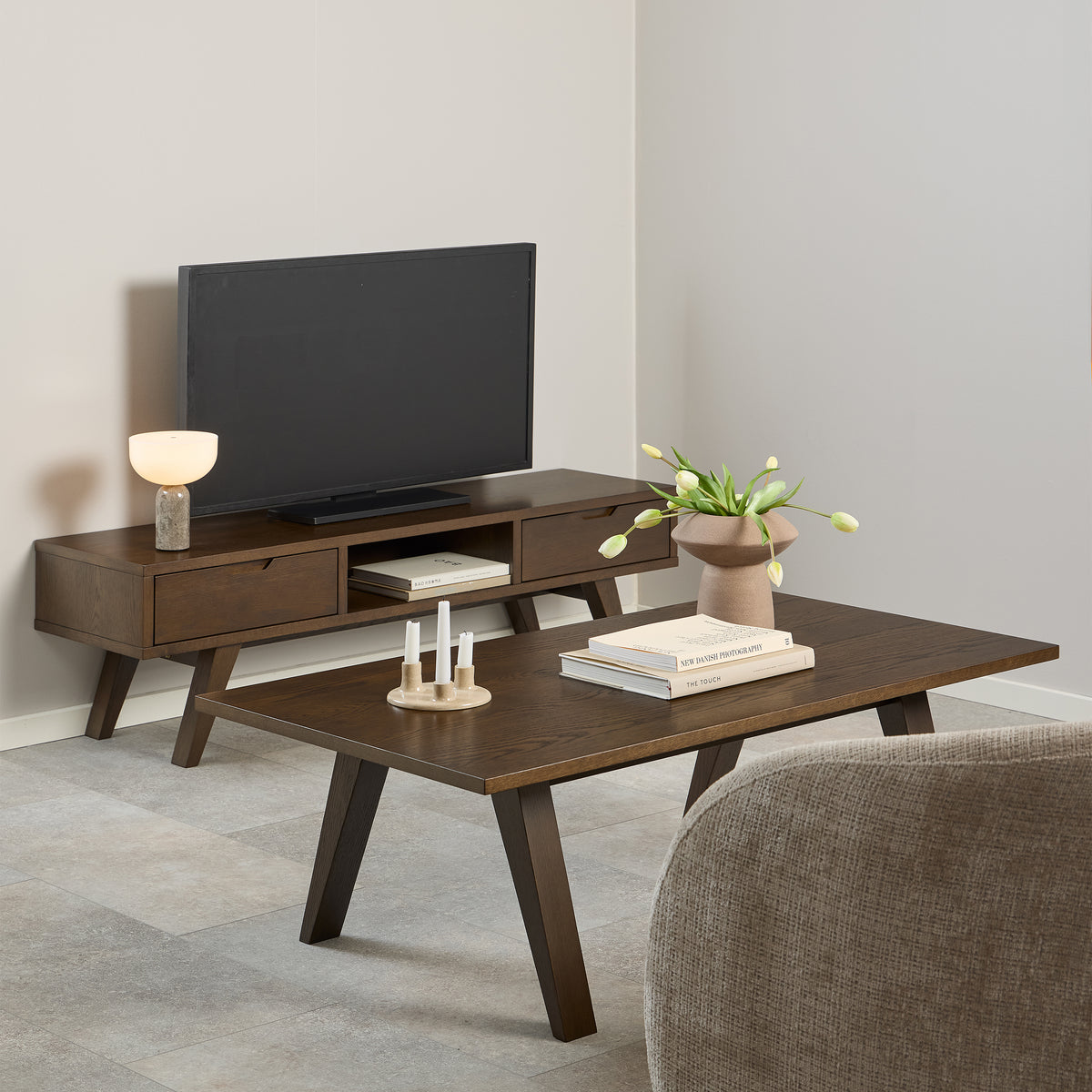 A-Line TV Unit with 2 Drawers in Smoked Oak