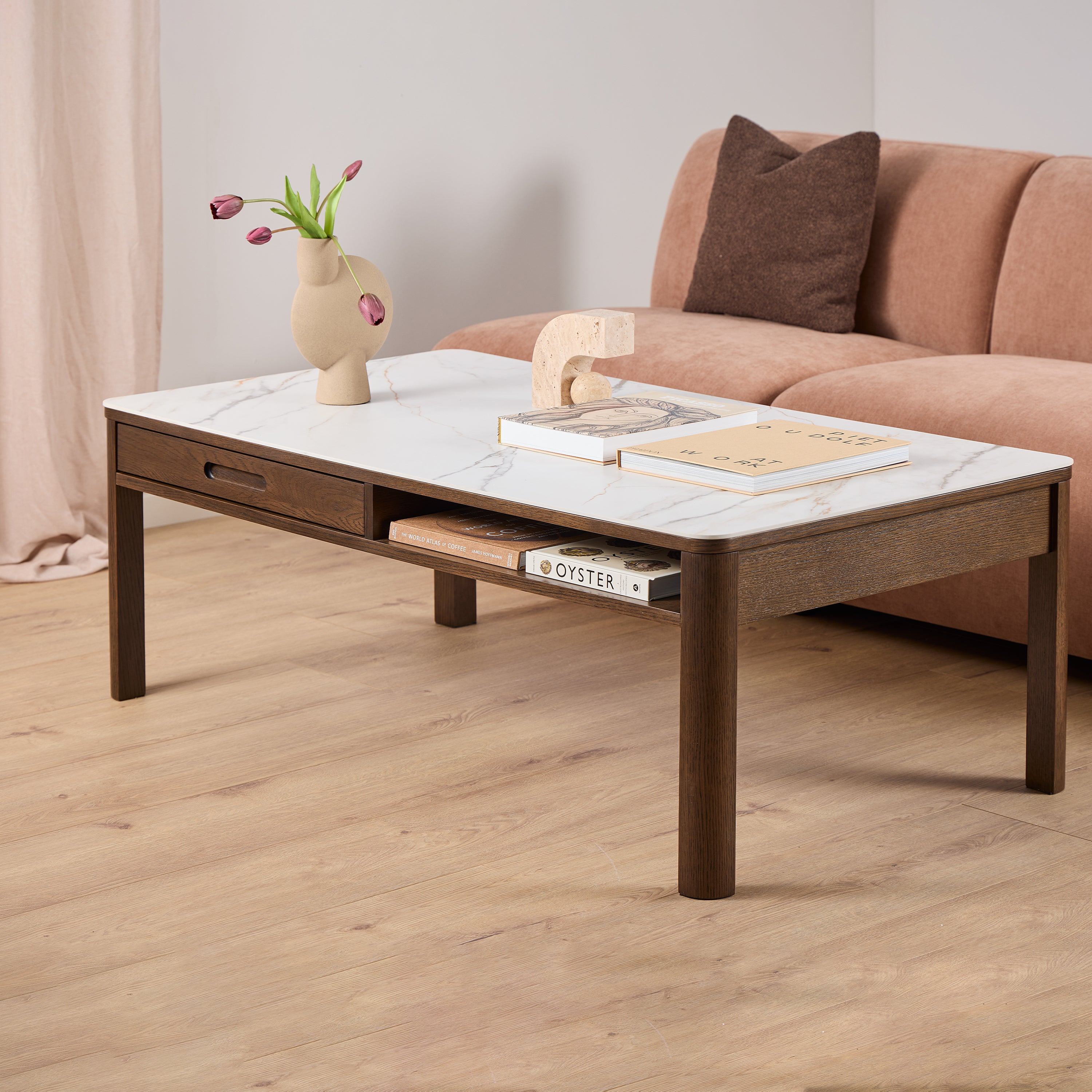 Stella Rectangular Coffee Table 1 Drawer 1 Shelf  in Cream Ceramic