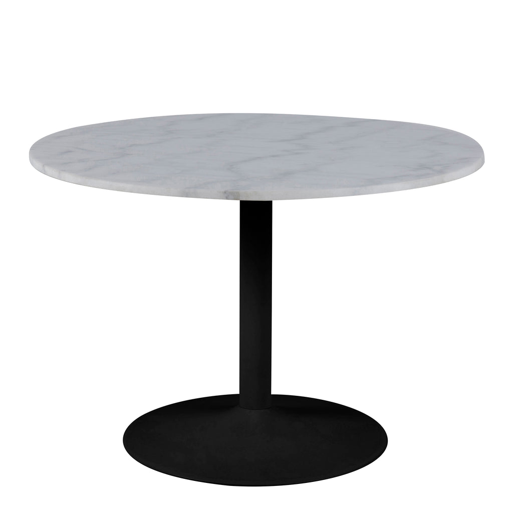 Tasmin Round Dining Table with White Polished Marble Top and Black Base