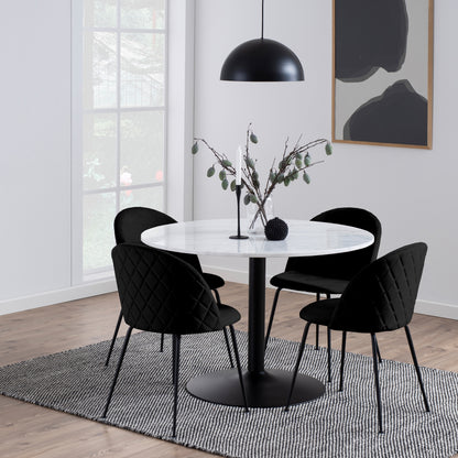Tasmin Round Dining Table with White Polished Marble Top and Black Base