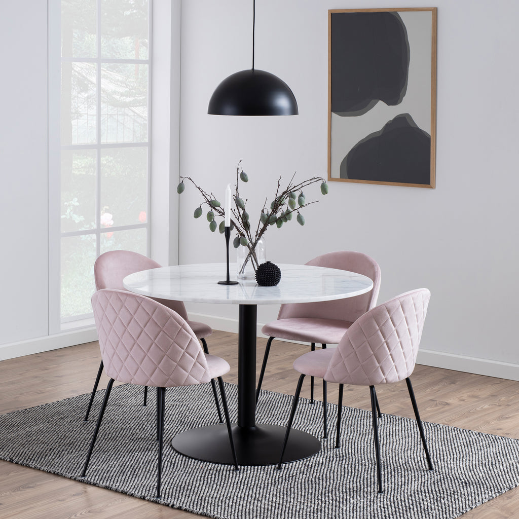 Tasmin Round Dining Table with White Polished Marble Top and Black Base