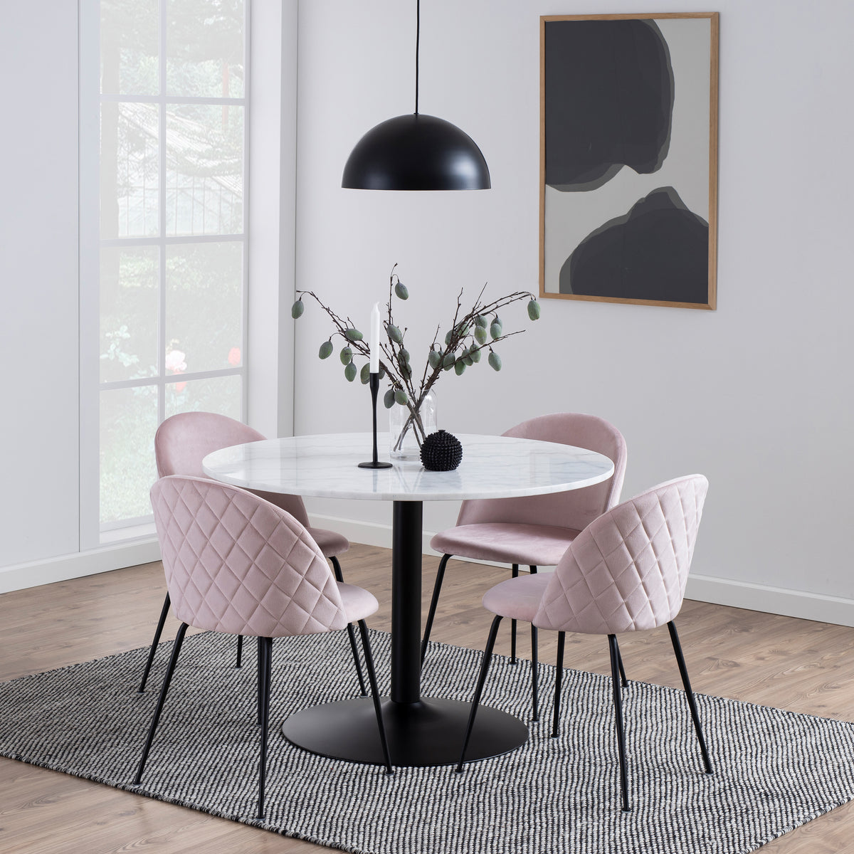 Tasmin Round Dining Table with White Polished Marble Top and Black Base