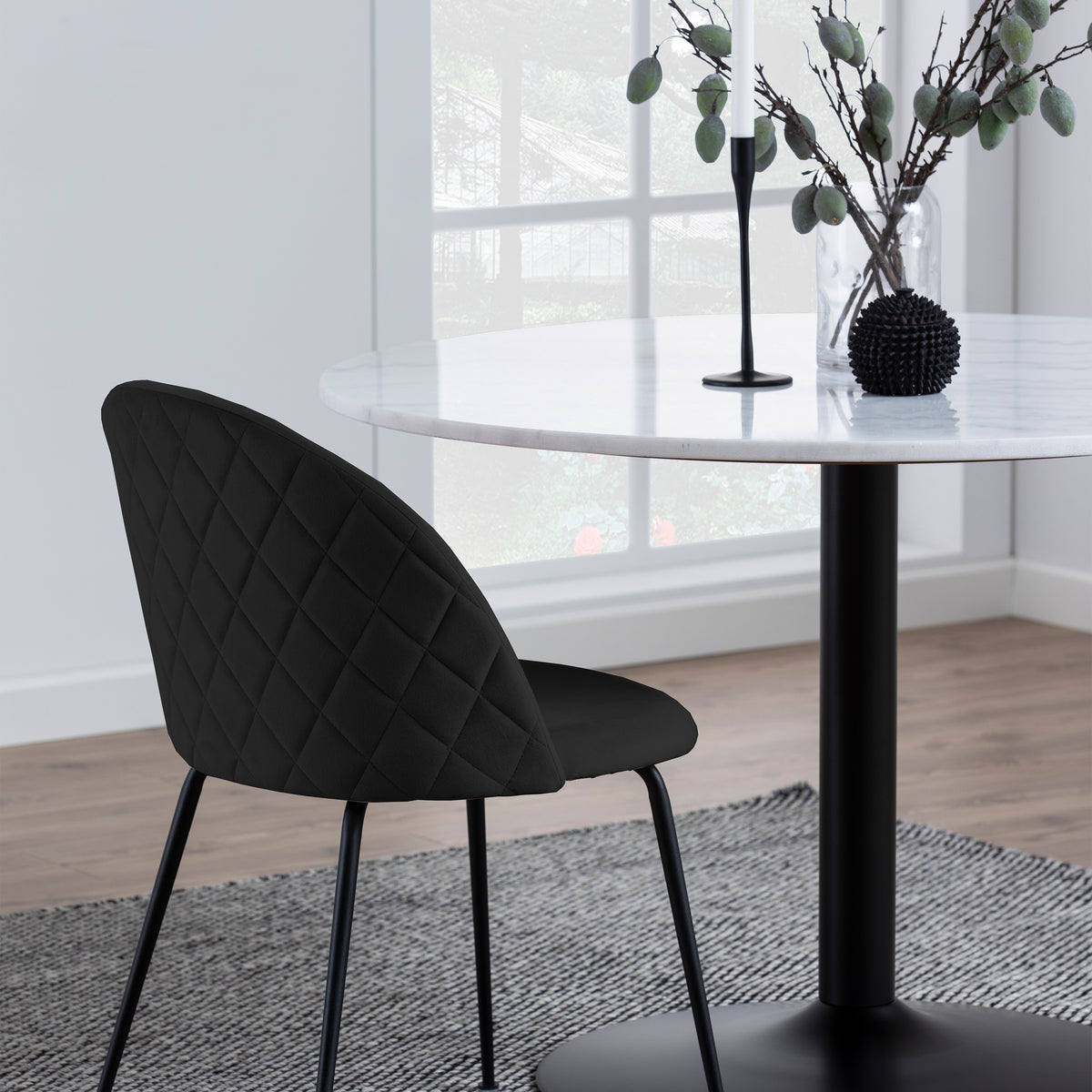 Tasmin Round Dining Table with White Polished Marble Top and Black Base