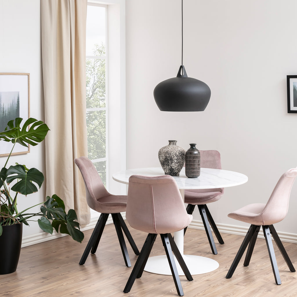 Tasmin Round Dining Table with White Polished Marble Top and White Base