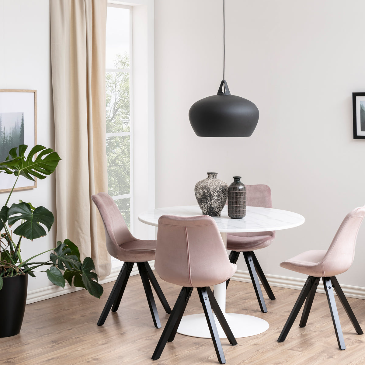 Tasmin Round Dining Table with White Polished Marble Top and White Base