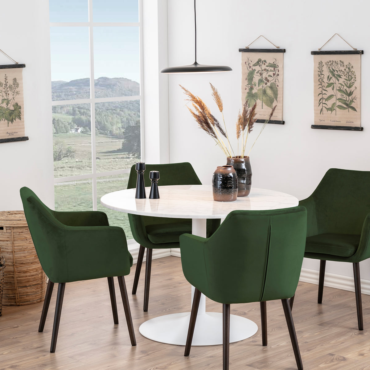 Tasmin Round Dining Table with White Polished Marble Top and White Base