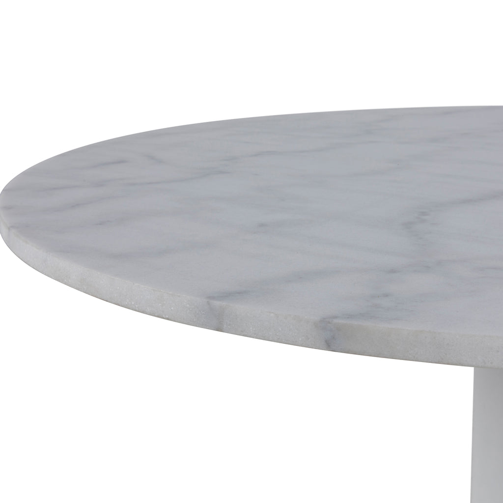 Tasmin Round Dining Table with White Polished Marble Top and White Base