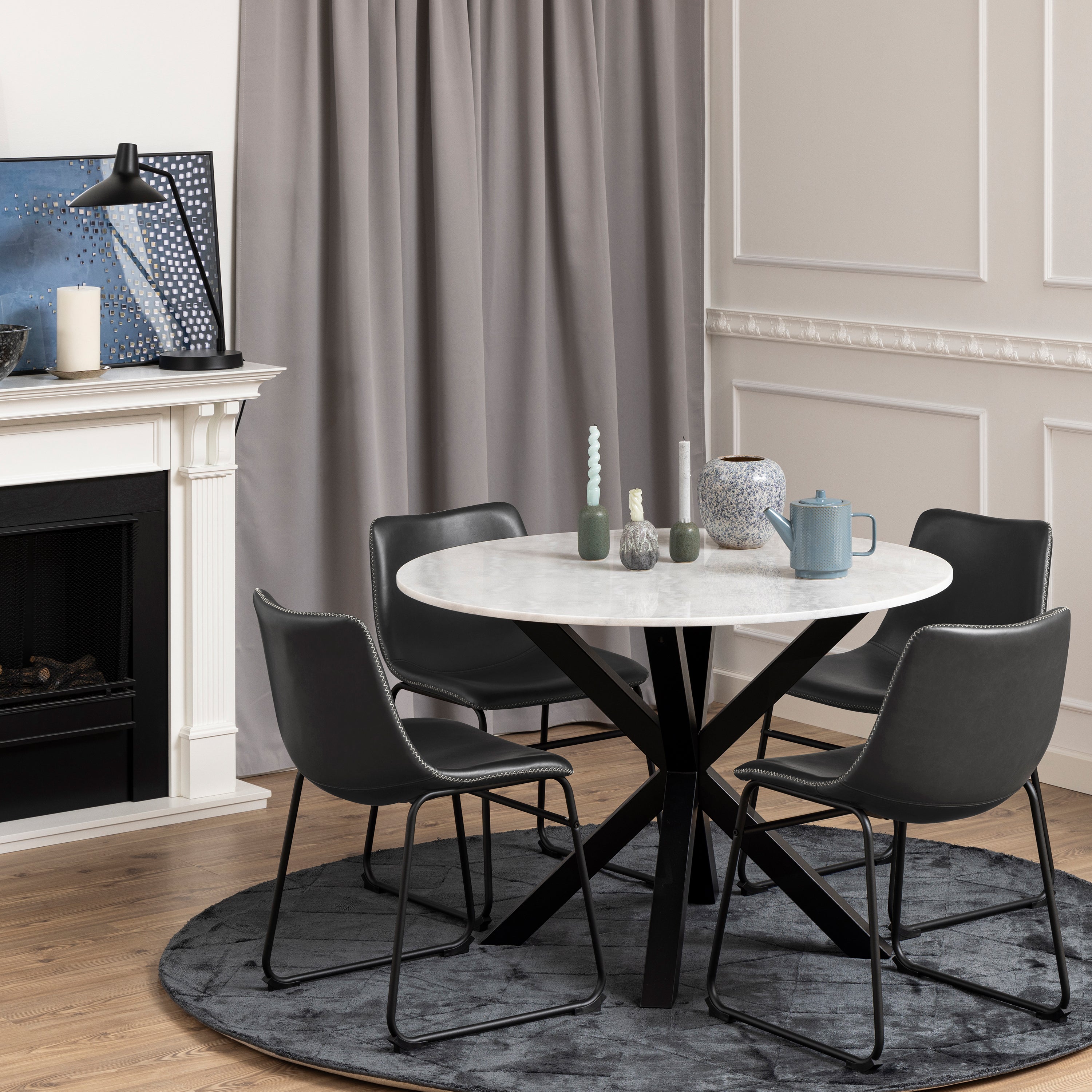 Harlow Round Dining Table with White Polished Marble Top