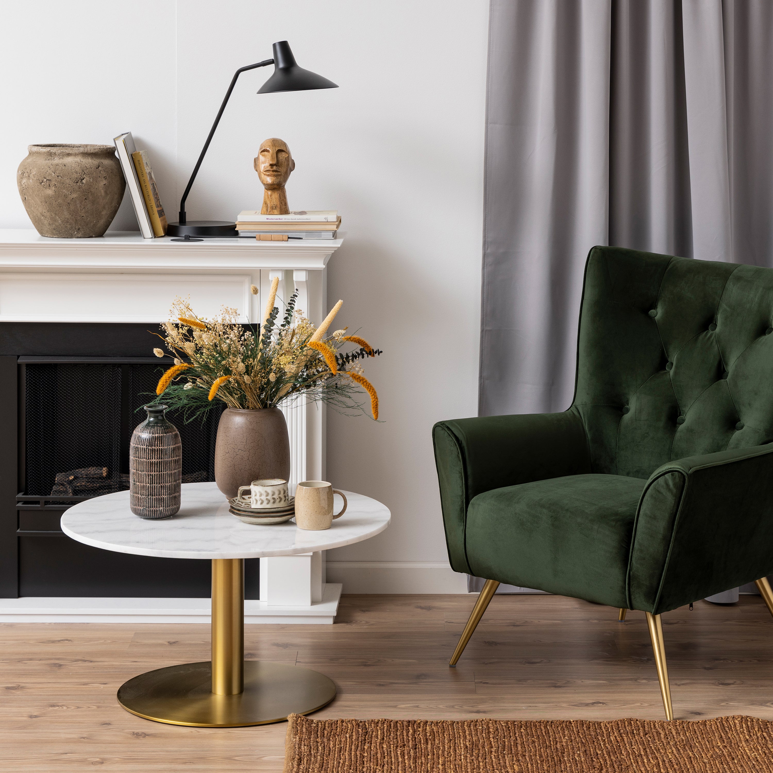 Codey Round Coffee Table with White Polished Marble Top & Gold Base