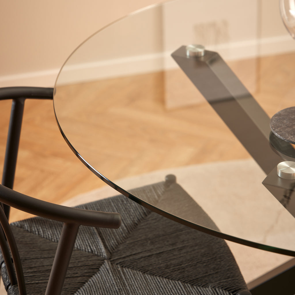 Harlow Round Dining Table with Clear Glass Top and Black Legs