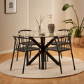 Harlow Round Dining Table with Clear Glass Top and Black Legs