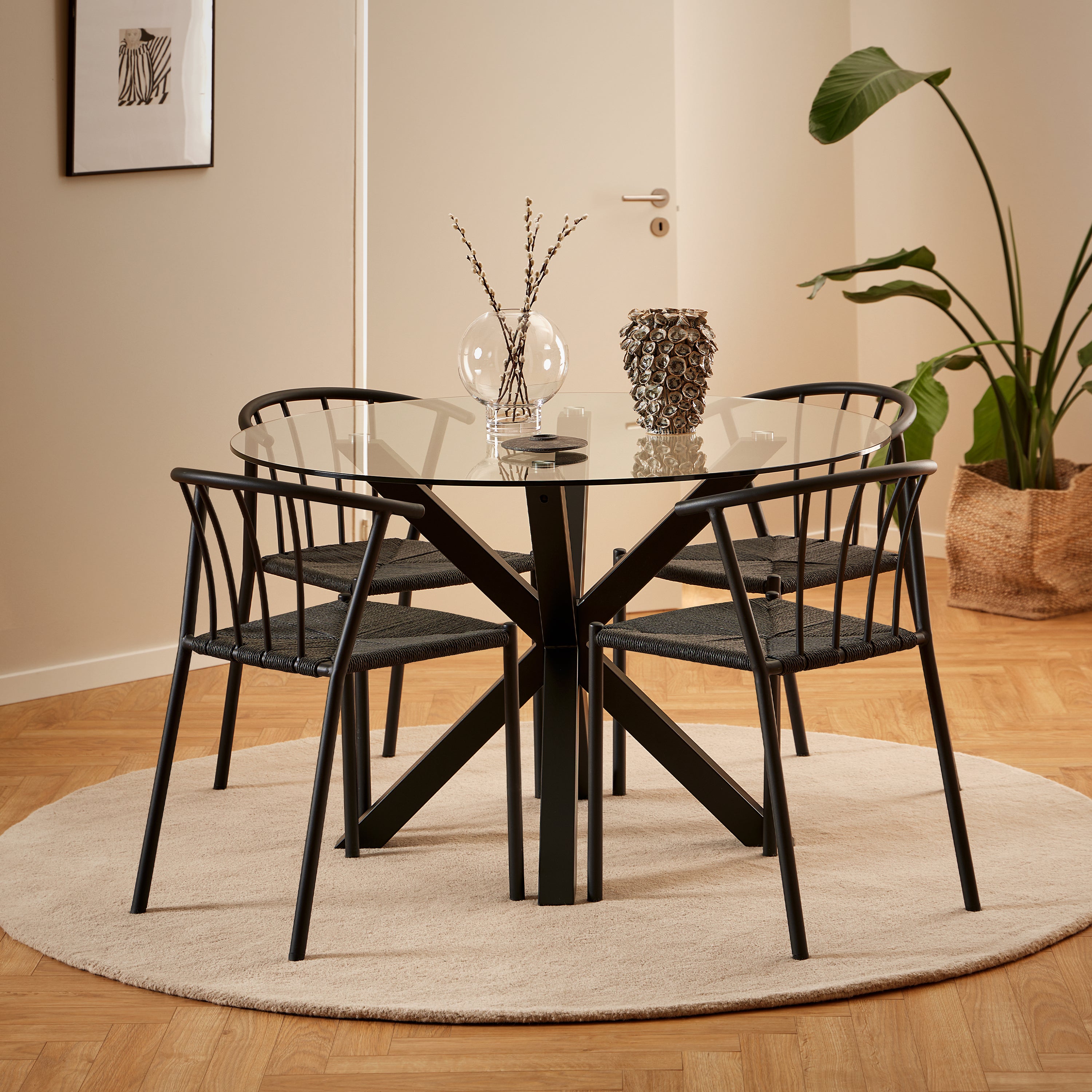Harlow Round Dining Table with Clear Glass Top and Black Legs