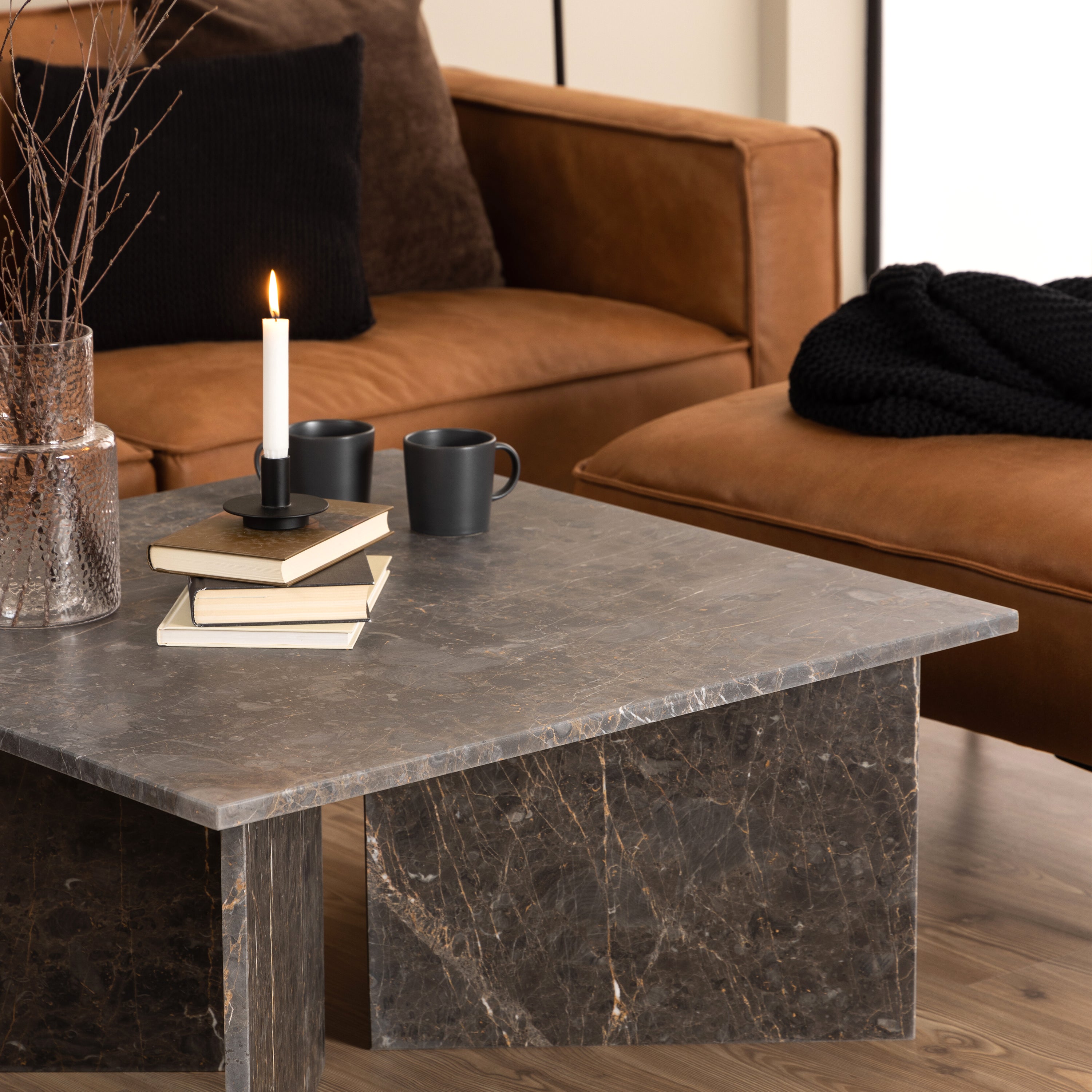 Lyra Square Coffee Table with Marron Marble Top 90cm