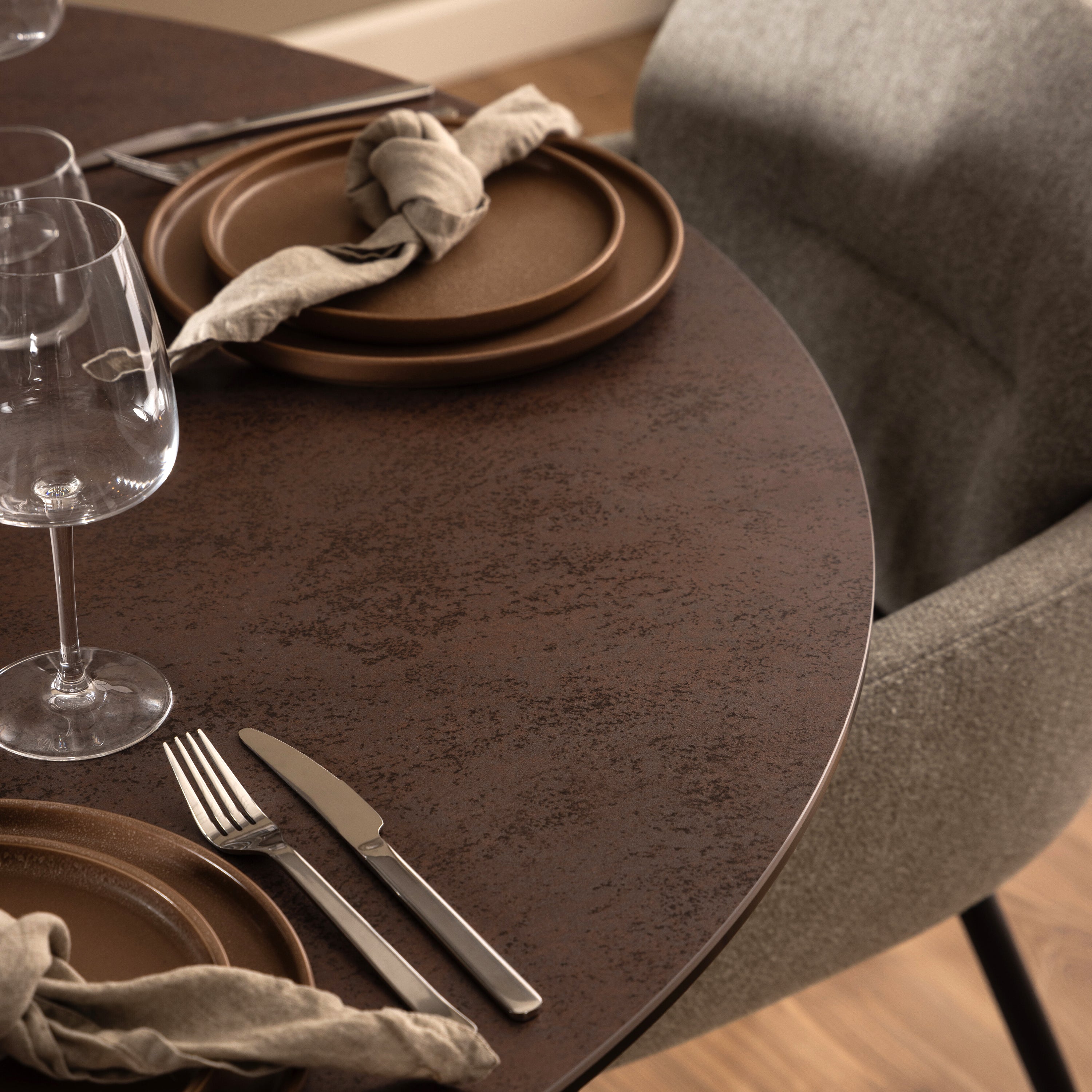 Harlow Round Dining Table with Ceramic Rusty Brown Top