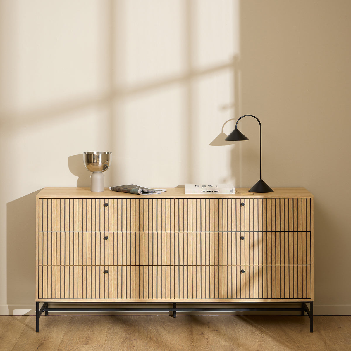 Alberto Wide Chest of 6 Drawers in Oak/Black Legs