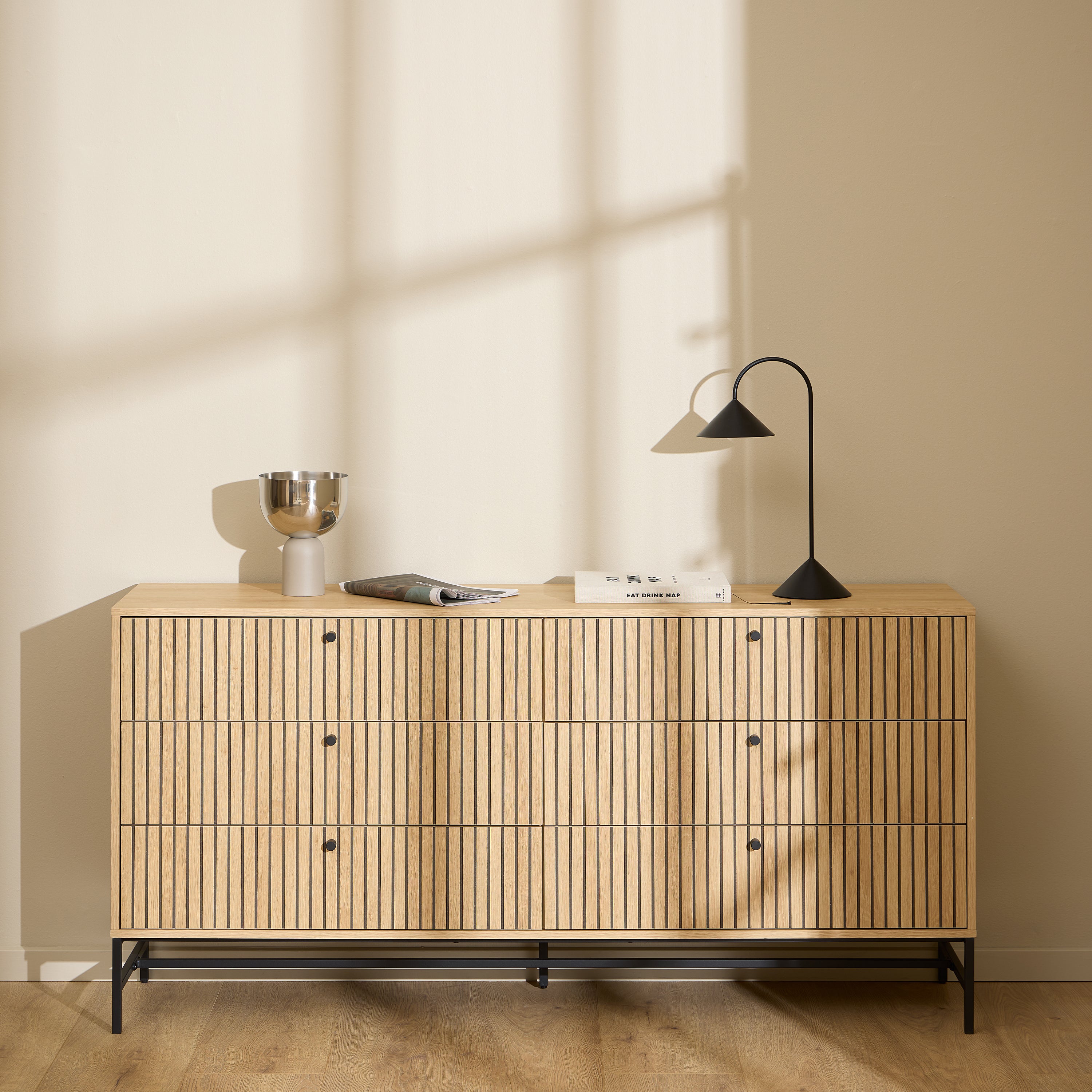 Alberto Wide Chest of 6 Drawers in Oak/Black Legs