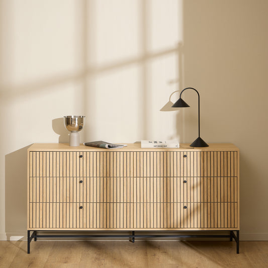 Alberto Wide Chest of 6 Drawers in Oak/Black Legs