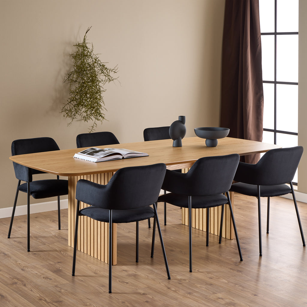 Christo Dining Table in Oak 220x75cm including 6 Lima Dining Chairs with Armrest in Black