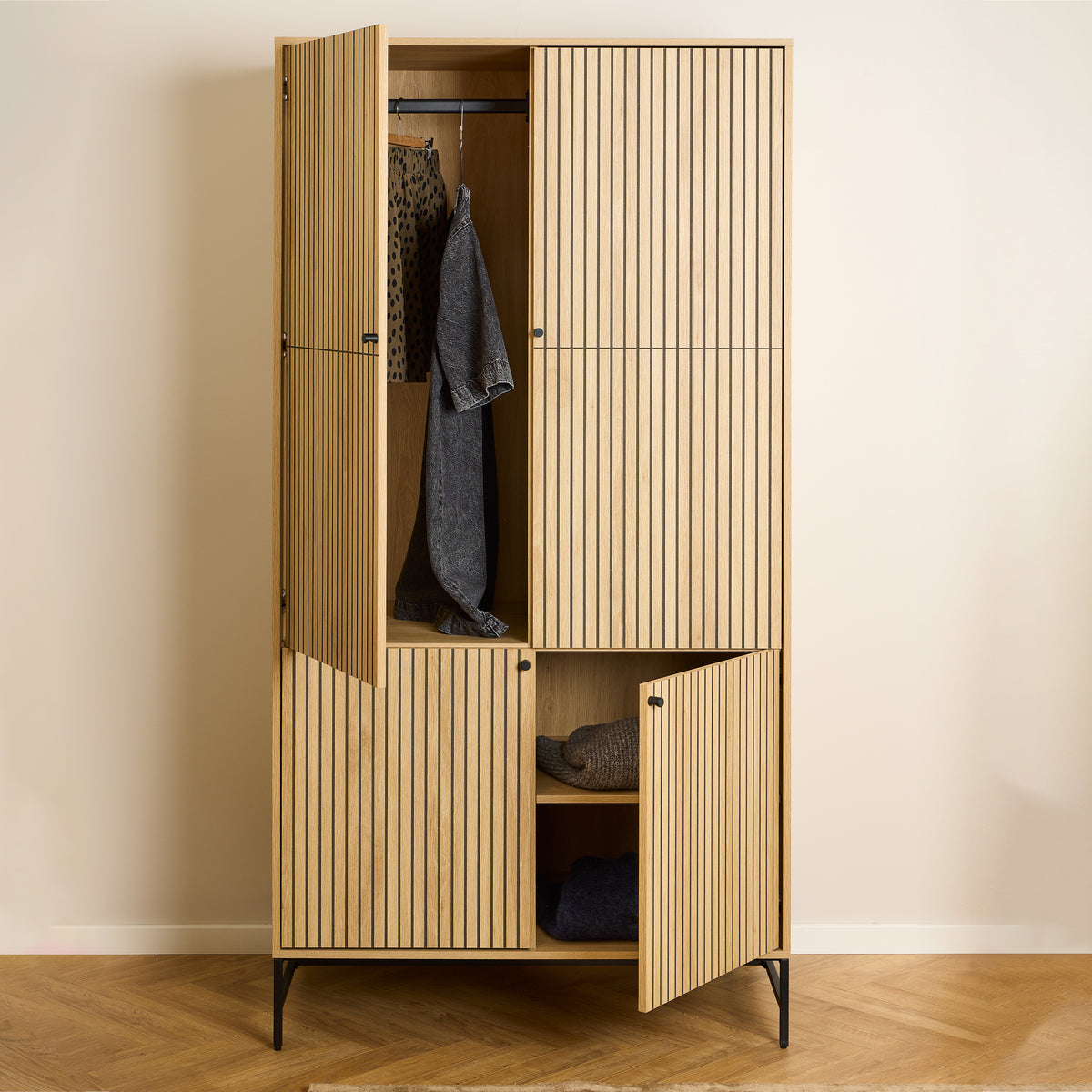 Alberto Wardrobe 4 Doors in Black/Oak