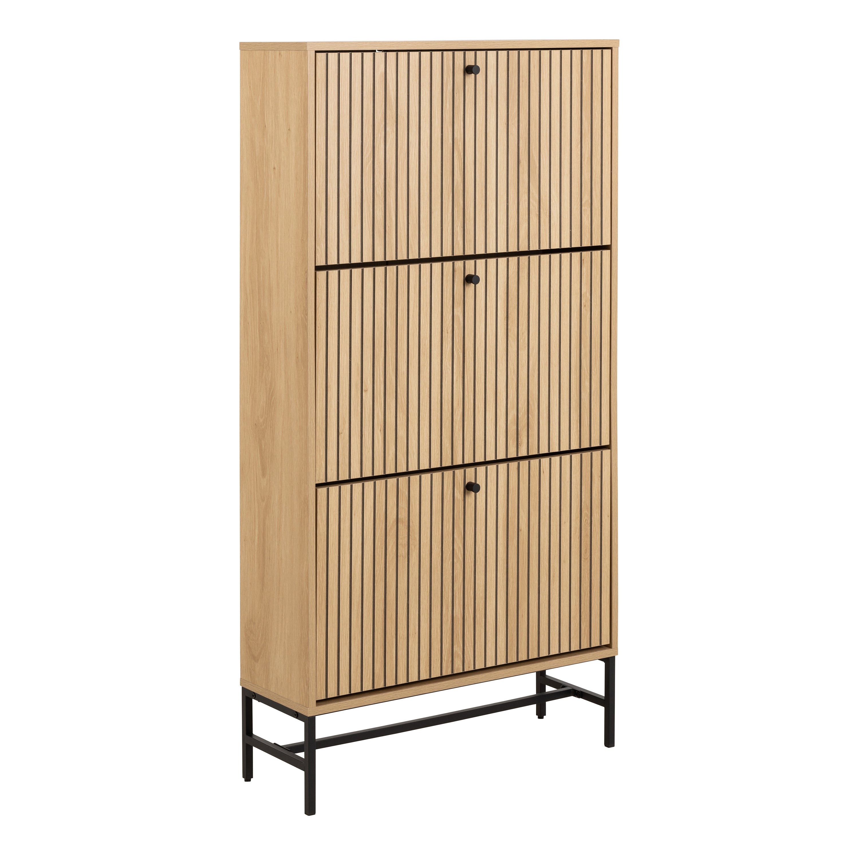Alberto Shoe Cabinet 3 Flip Down Doors in Oak/Black Legs