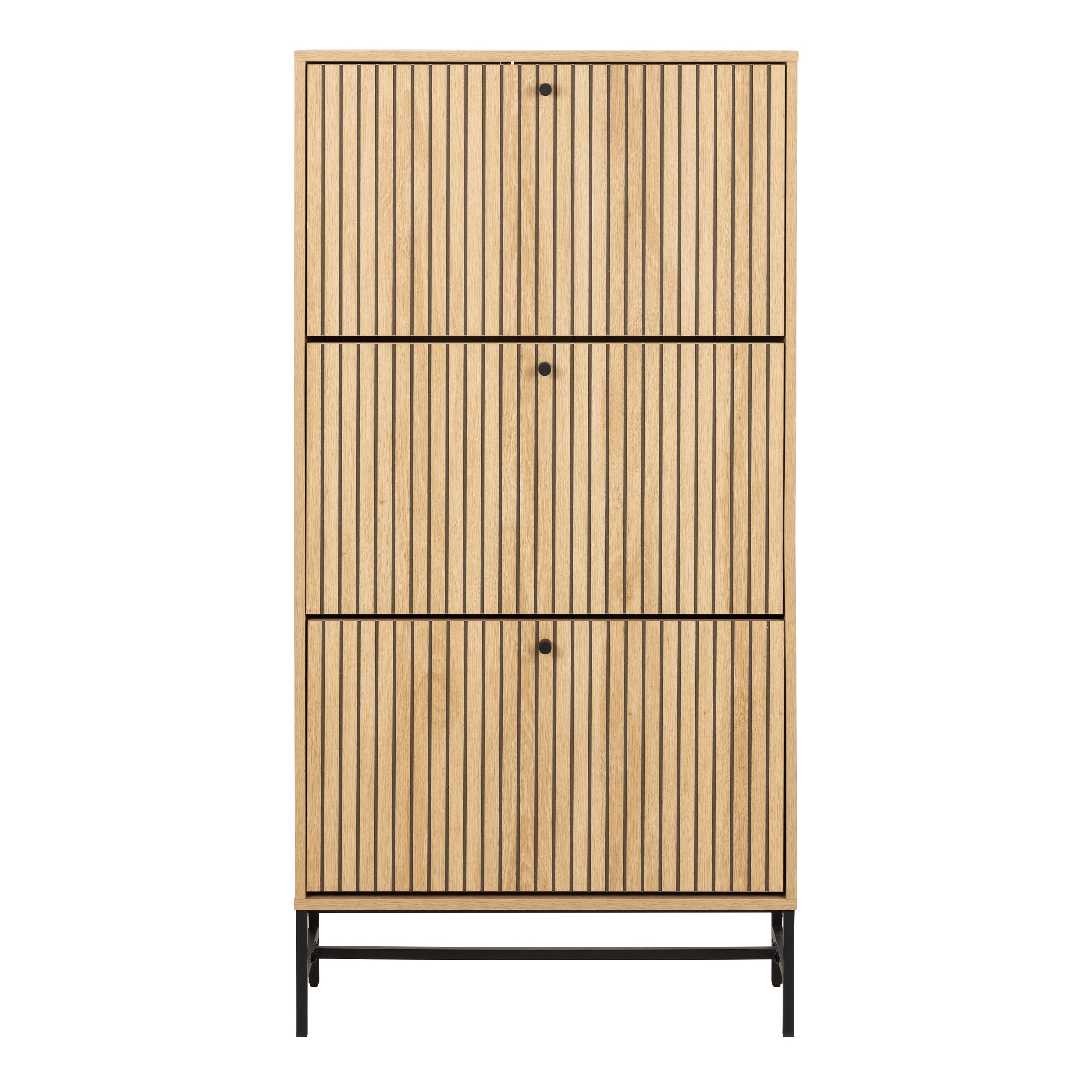 Alberto Shoe Cabinet 3 Flip Down Doors in Oak/Black Legs