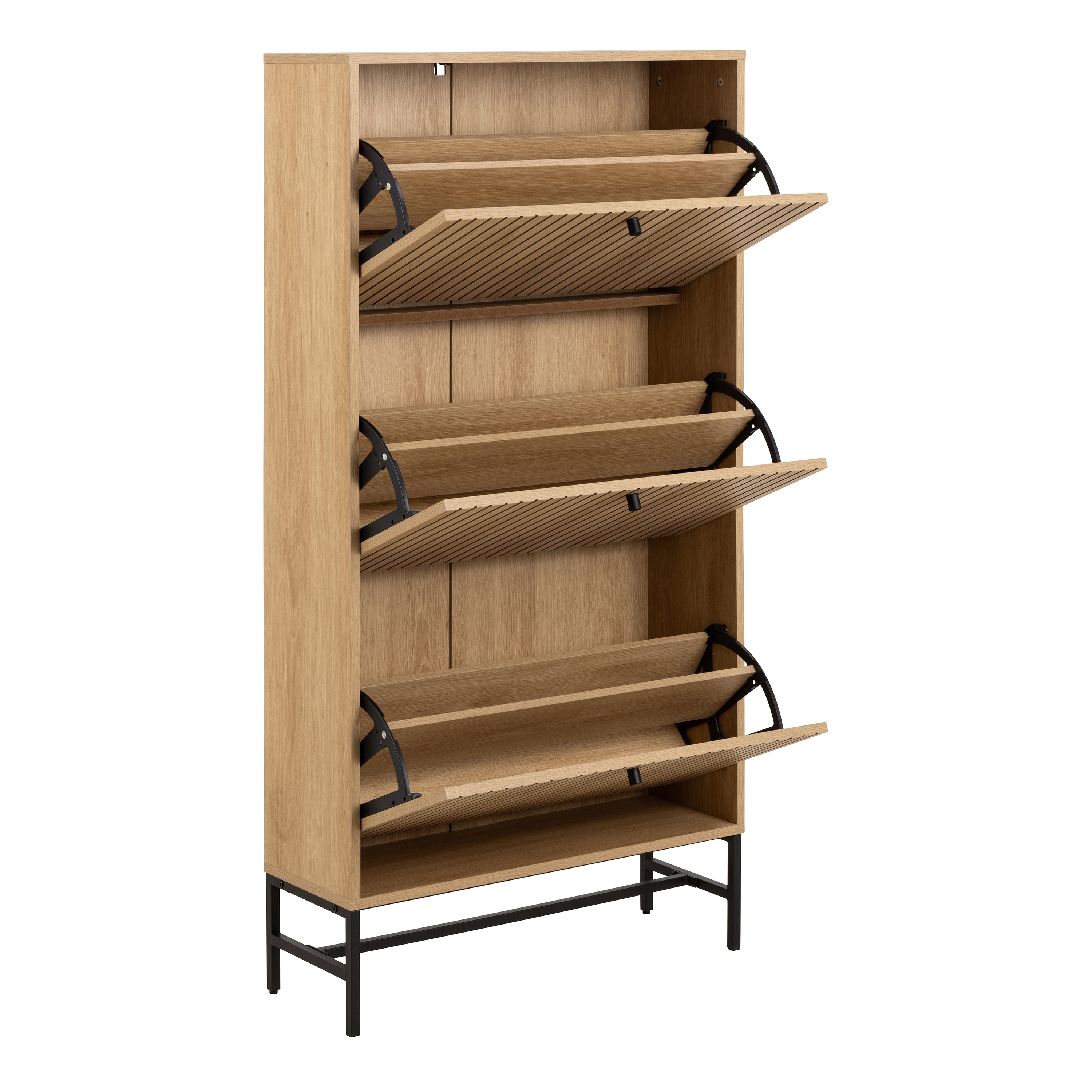 Alberto Shoe Cabinet 3 Flip Down Doors in Oak/Black Legs