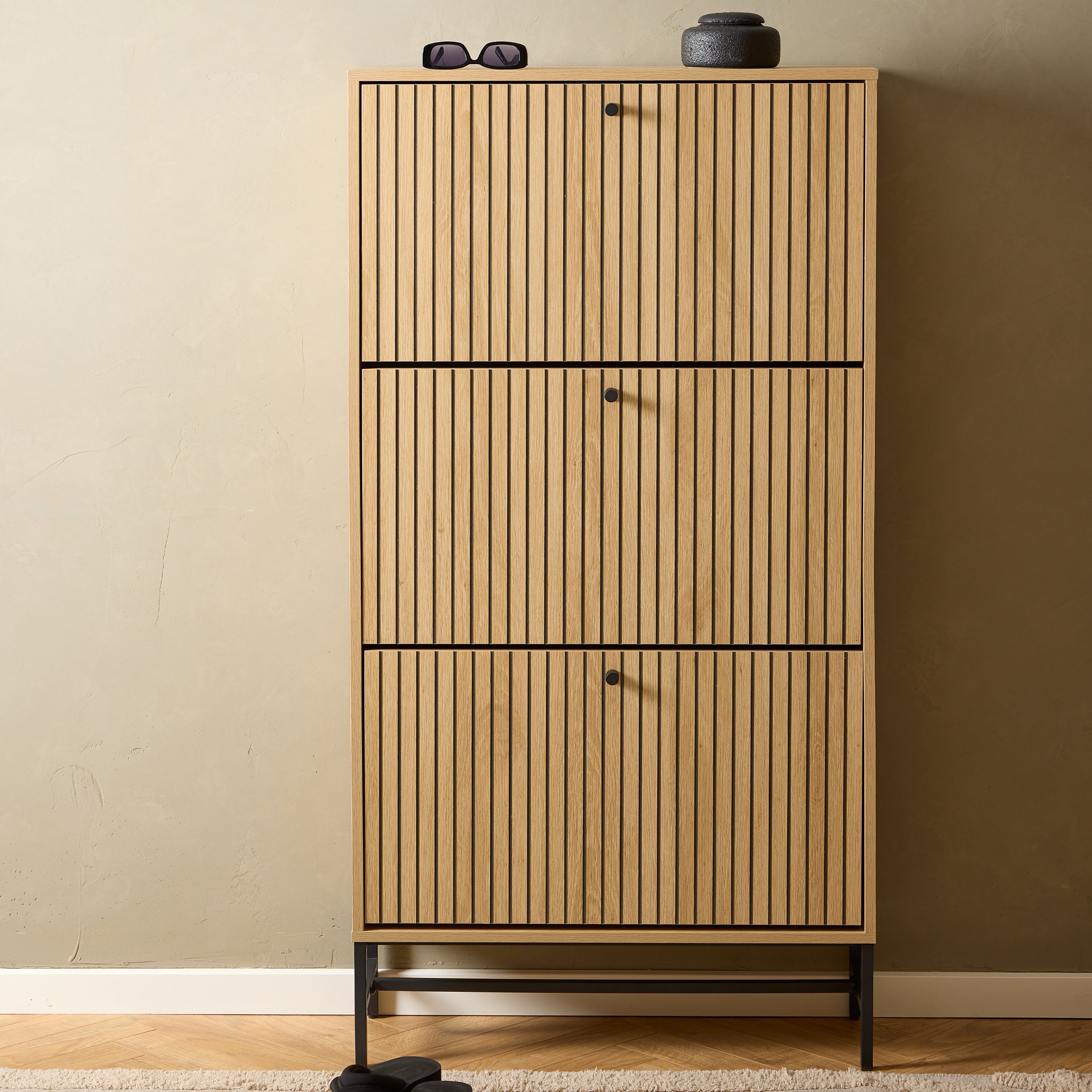 Alberto Shoe Cabinet 3 Flip Down Doors in Oak/Black Legs