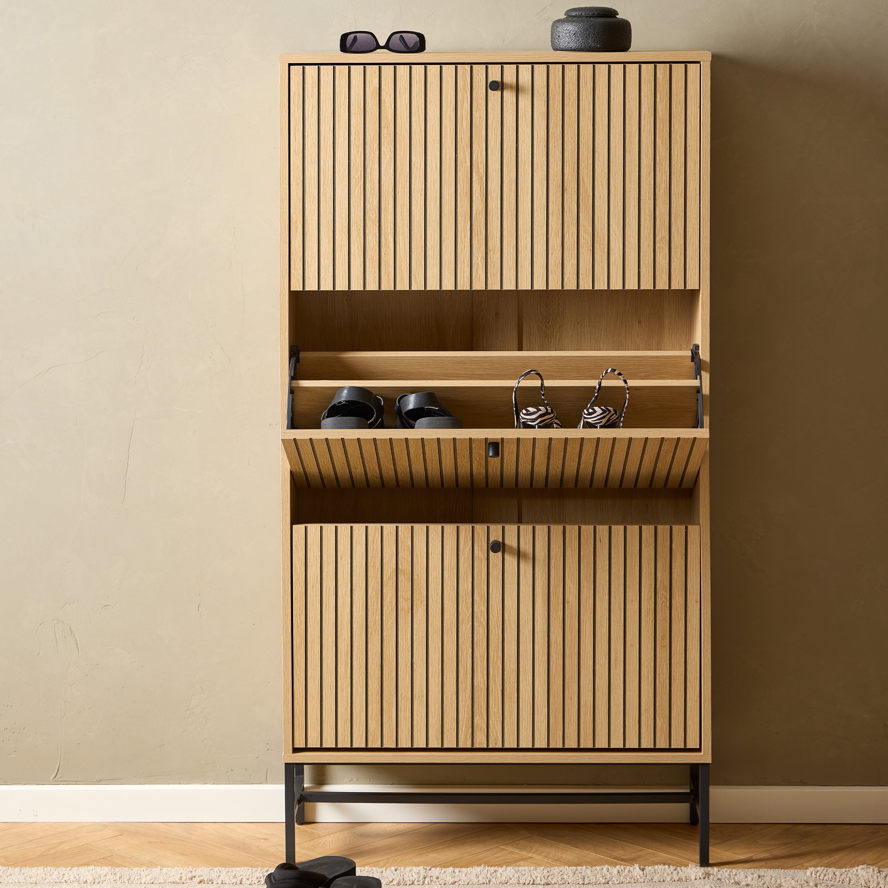 Alberto Shoe Cabinet 3 Flip Down Doors in Oak/Black Legs