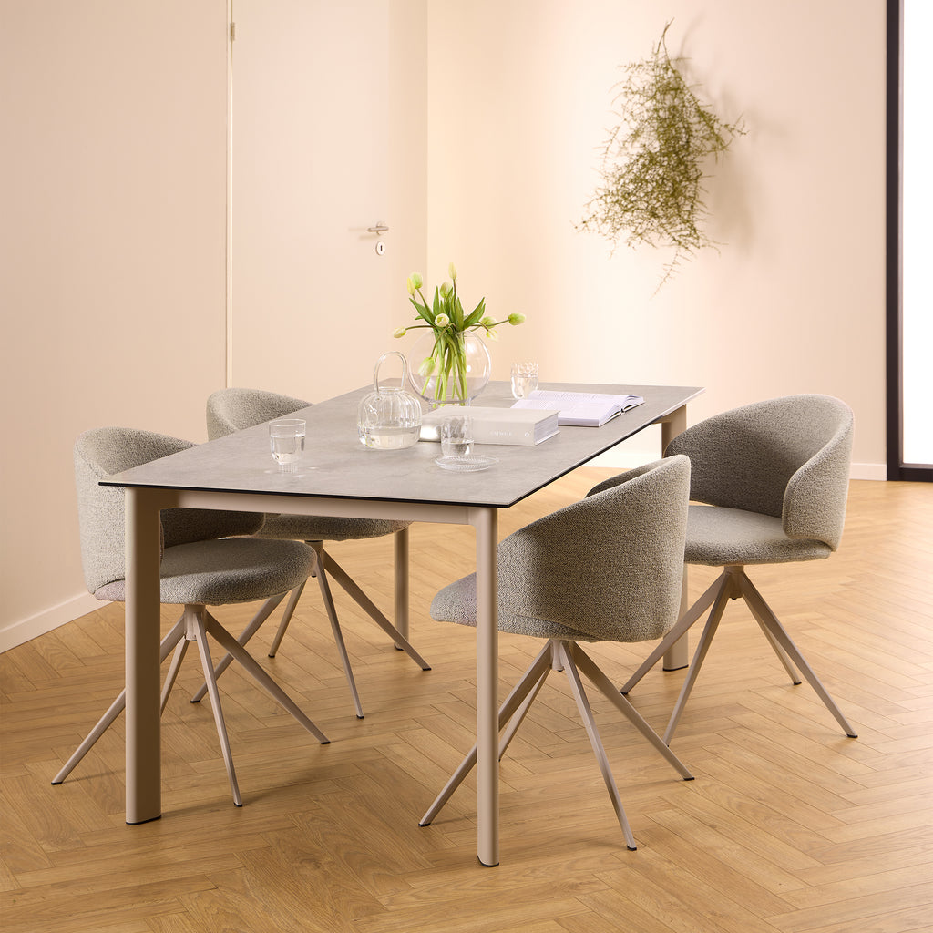 Palma Ceramic Dining Table in Grey 160x90cm includes 4 Ellie Swivel Beige Dining Chairs