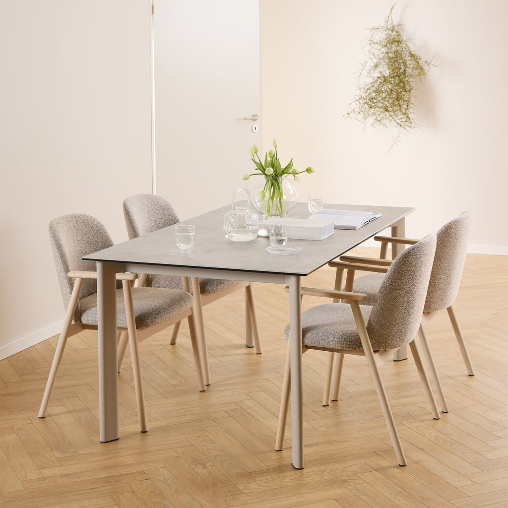 Palma Ceramic Dining Table in Grey 160x90cm includes 4 Ellie Swivel Beige Dining Chairs
