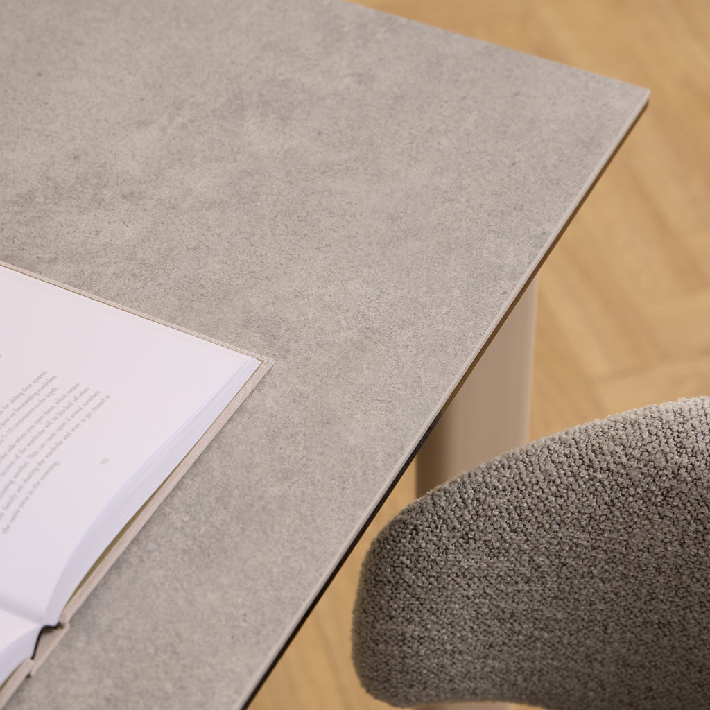 Palma Ceramic Dining Table in Grey 160x90cm includes 4 Ellie Swivel Beige Dining Chairs