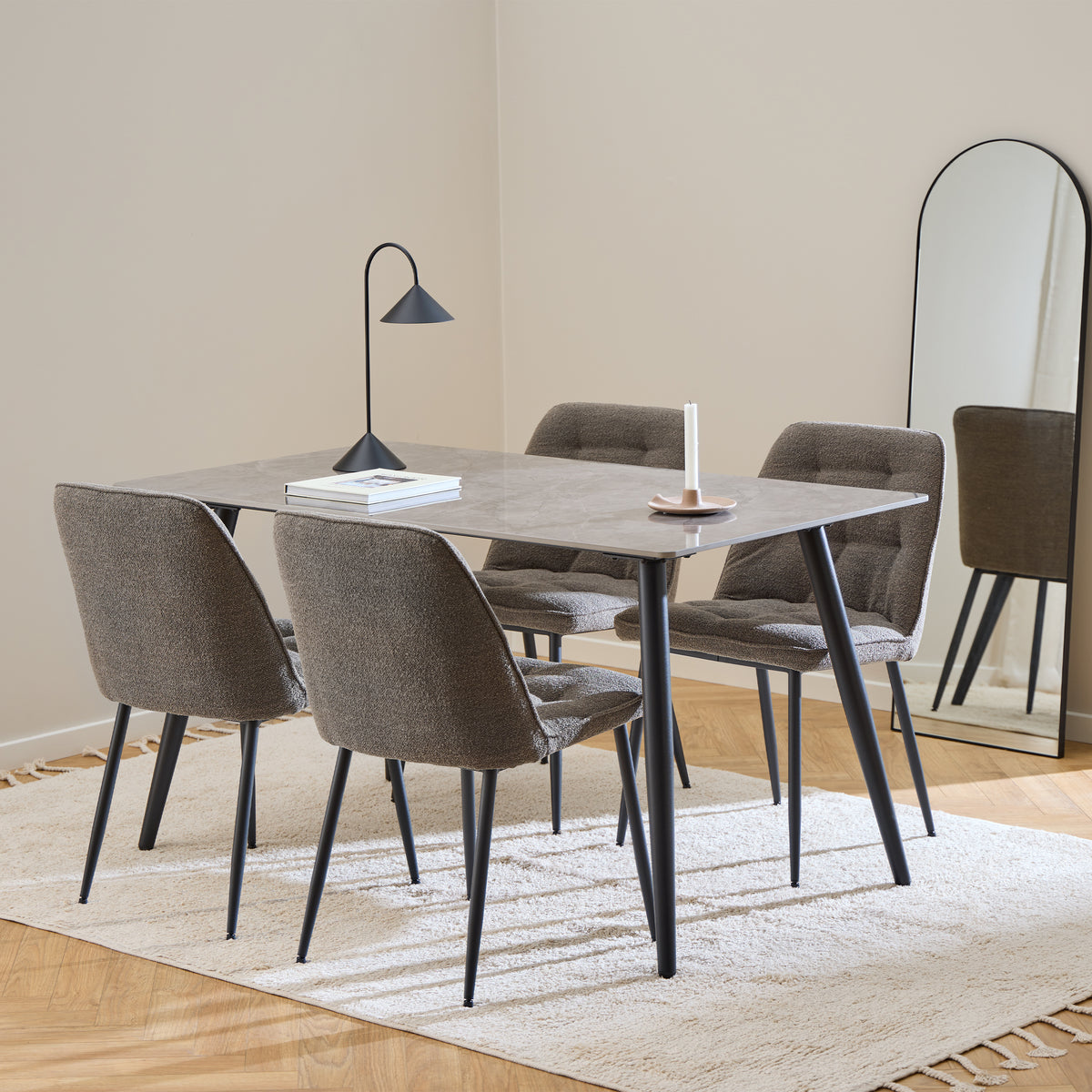 Wicklow Rectangular Dining Table in Grey/Black 140x75cm Included 4 Brooke Dining Chairs in Taupe