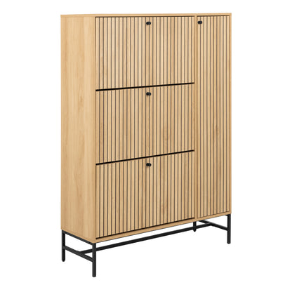Alberto Shoe Cabinet 3 Flip Down Doors 1 Pull Open Door in Oak/Black Legs