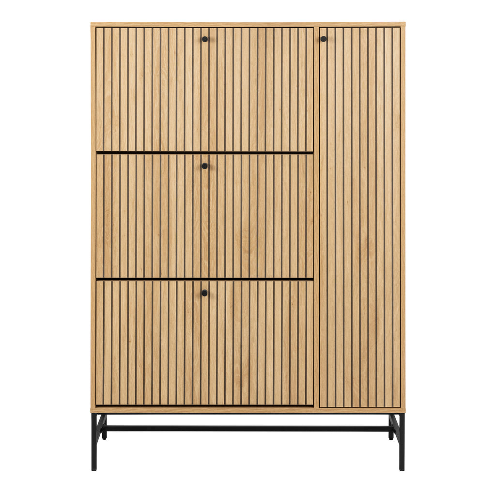 Alberto Shoe Cabinet 3 Flip Down Doors 1 Pull Open Door in Oak/Black Legs
