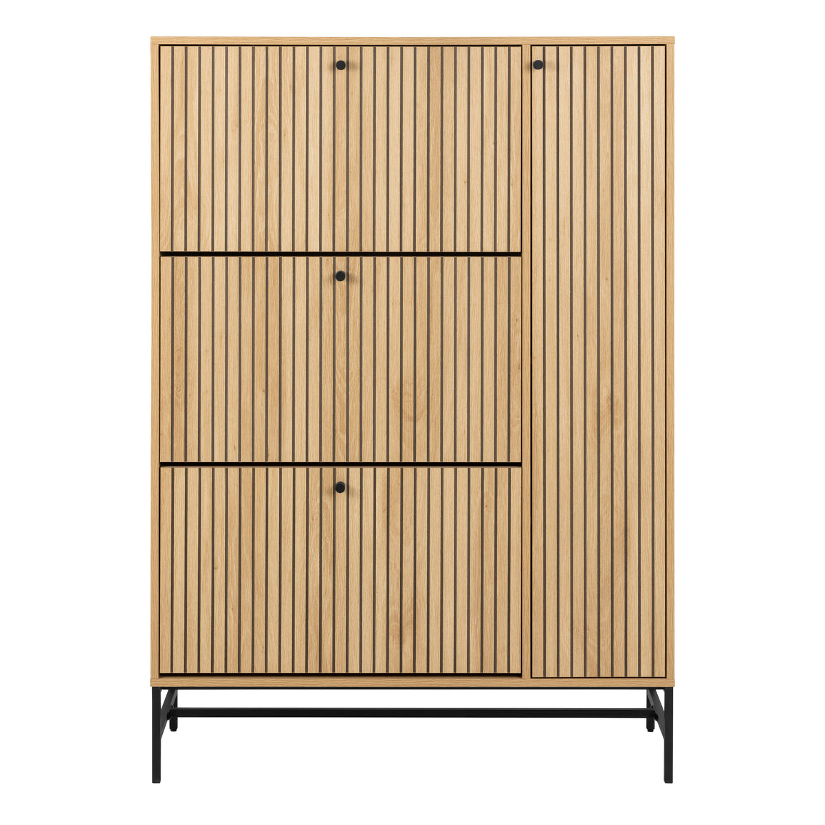Alberto Shoe Cabinet 3 Flip Down Doors 1 Pull Open Door in Oak/Black Legs