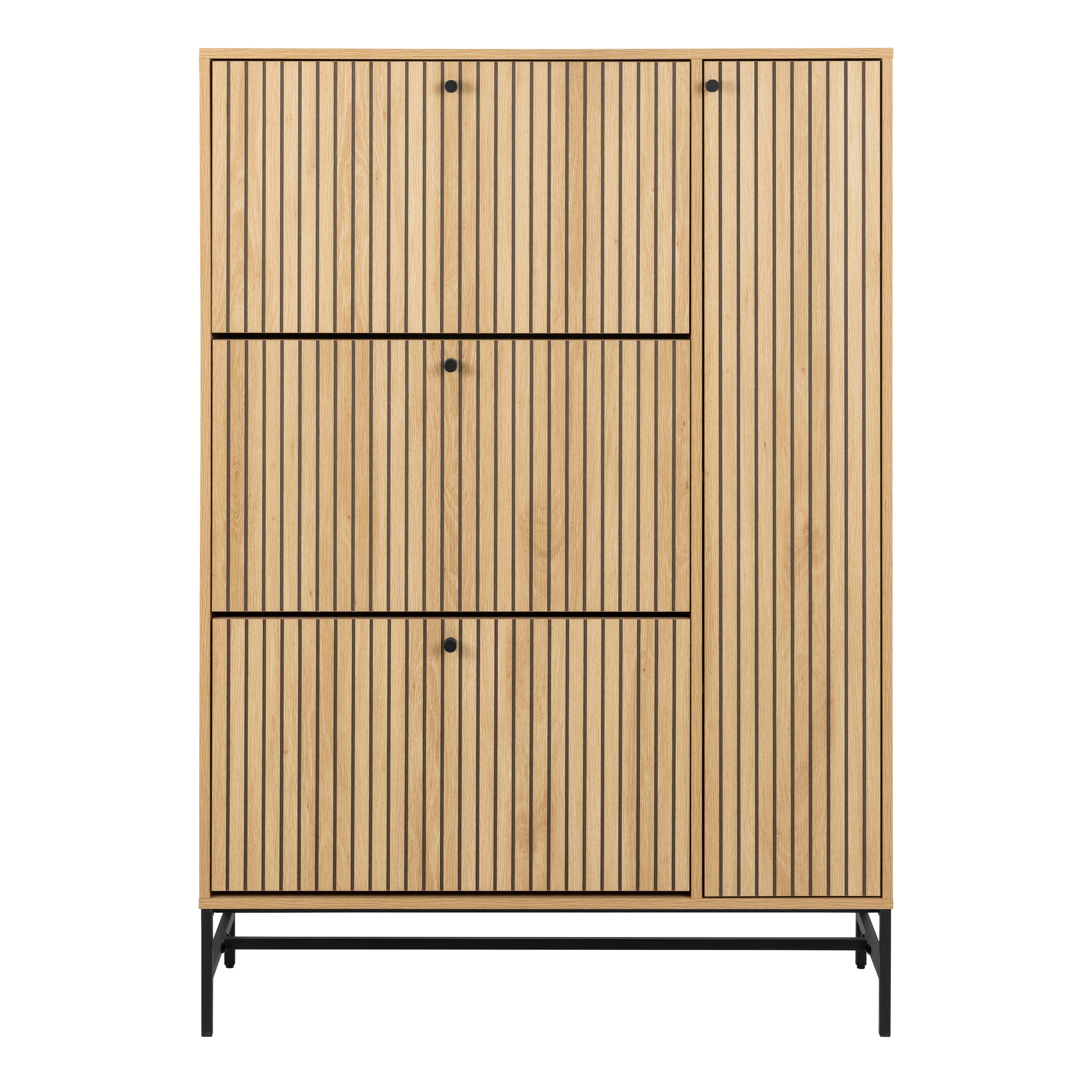 Alberto Shoe Cabinet 3 Flip Down Doors 1 Pull Open Door in Oak/Black Legs