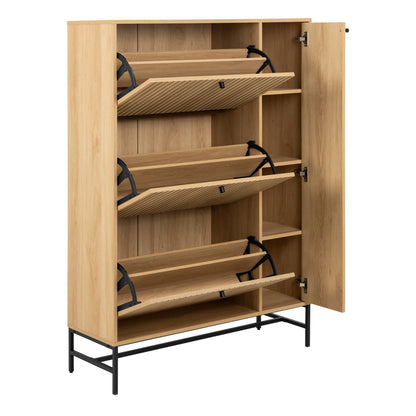 Alberto Shoe Cabinet 3 Flip Down Doors 1 Pull Open Door in Oak/Black Legs