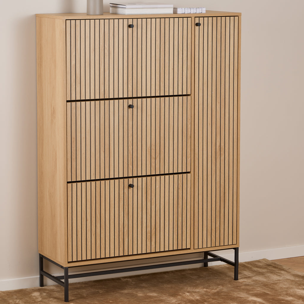 Alberto Shoe Cabinet 3 Flip Down Doors 1 Pull Open Door in Oak/Black Legs