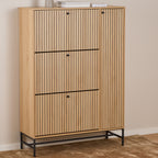 Alberto Shoe Cabinet 3 Flip Down Doors 1 Pull Open Door in Oak/Black Legs