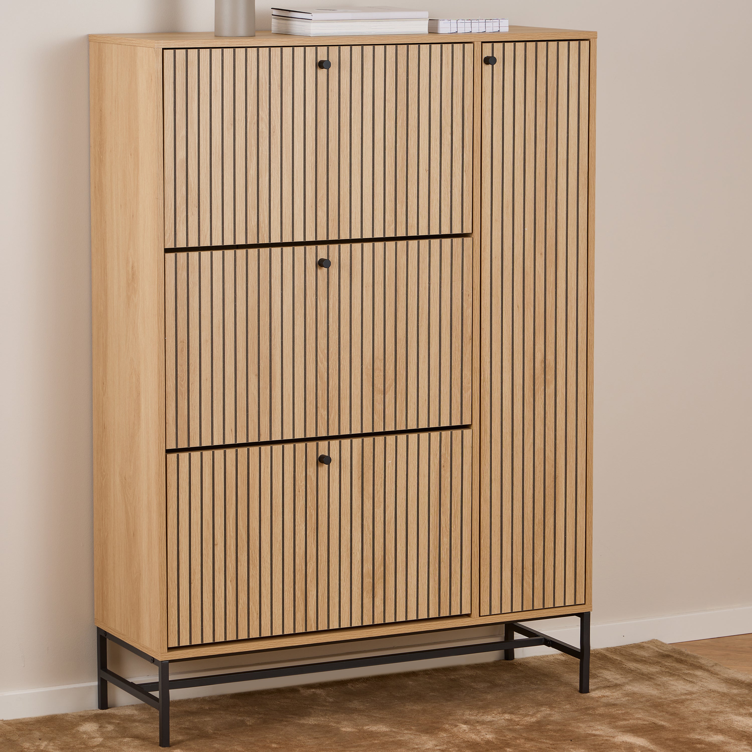 Alberto Shoe Cabinet 3 Flip Down Doors 1 Pull Open Door in Oak/Black Legs