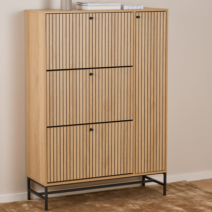 Alberto Shoe Cabinet 3 Flip Down Doors 1 Pull Open Door in Oak/Black Legs