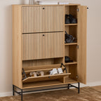 Alberto Shoe Cabinet 3 Flip Down Doors 1 Pull Open Door in Oak/Black Legs