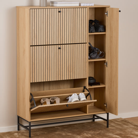 Alberto Shoe Cabinet 3 Flip Down Doors 1 Pull Open Door in Oak/Black Legs