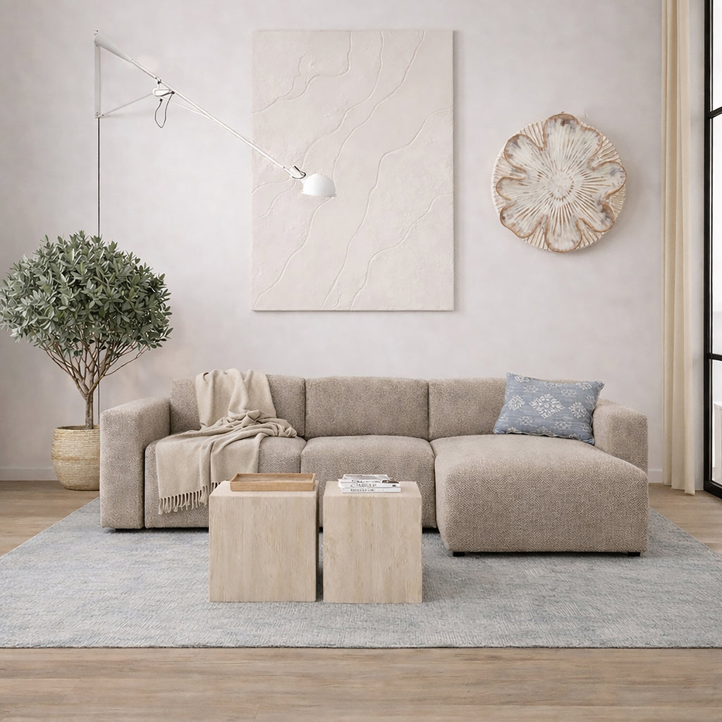 Murphy Left Hand Facing 2 Seater Chaise Lounge in Boucle Beige Fabric